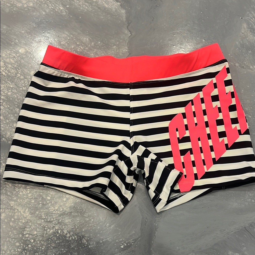 Varsity Black and White Striped Athletic Shorts with Pink Accent
